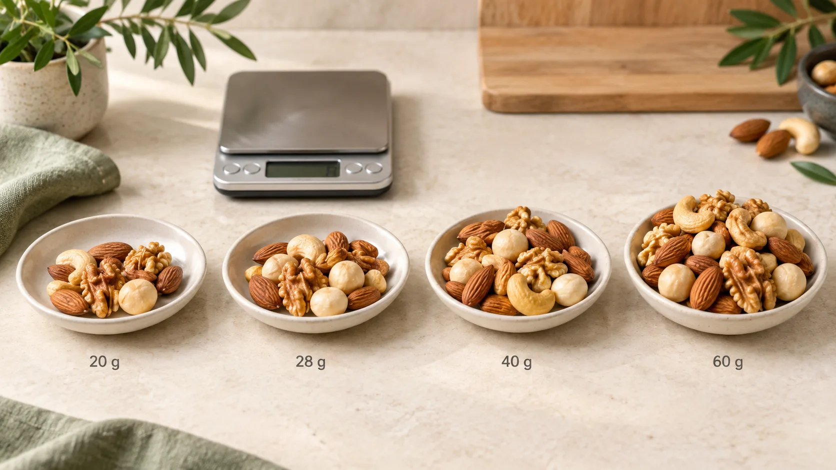 So sánh khẩu phần 20 g, 28 g, 40 g và 60 g các loại hạt