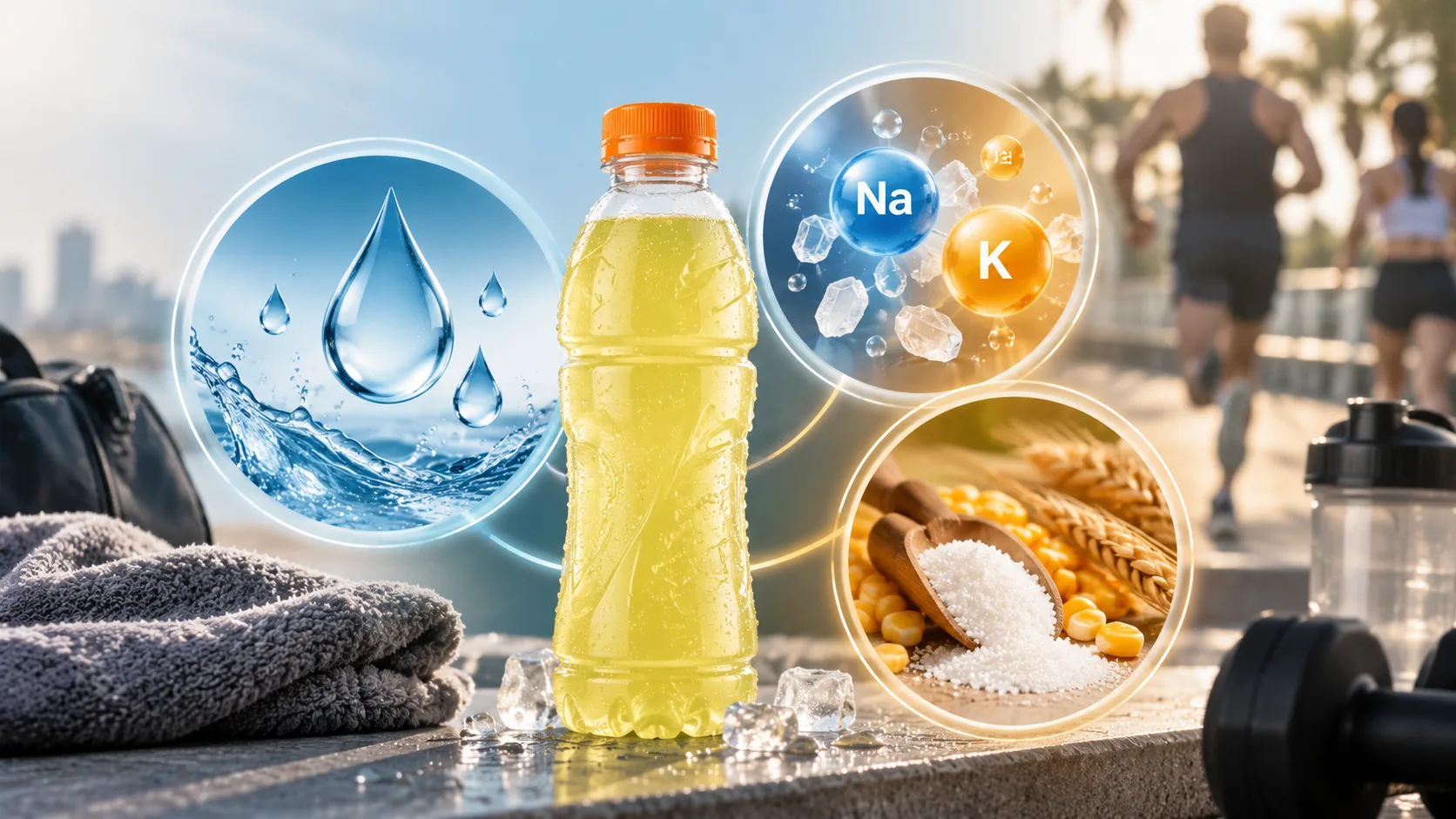 Ba vai tr&ograve; của nước uống thể thao gồm bổ sung chất lỏng, điện giải v&agrave; carbohydrate