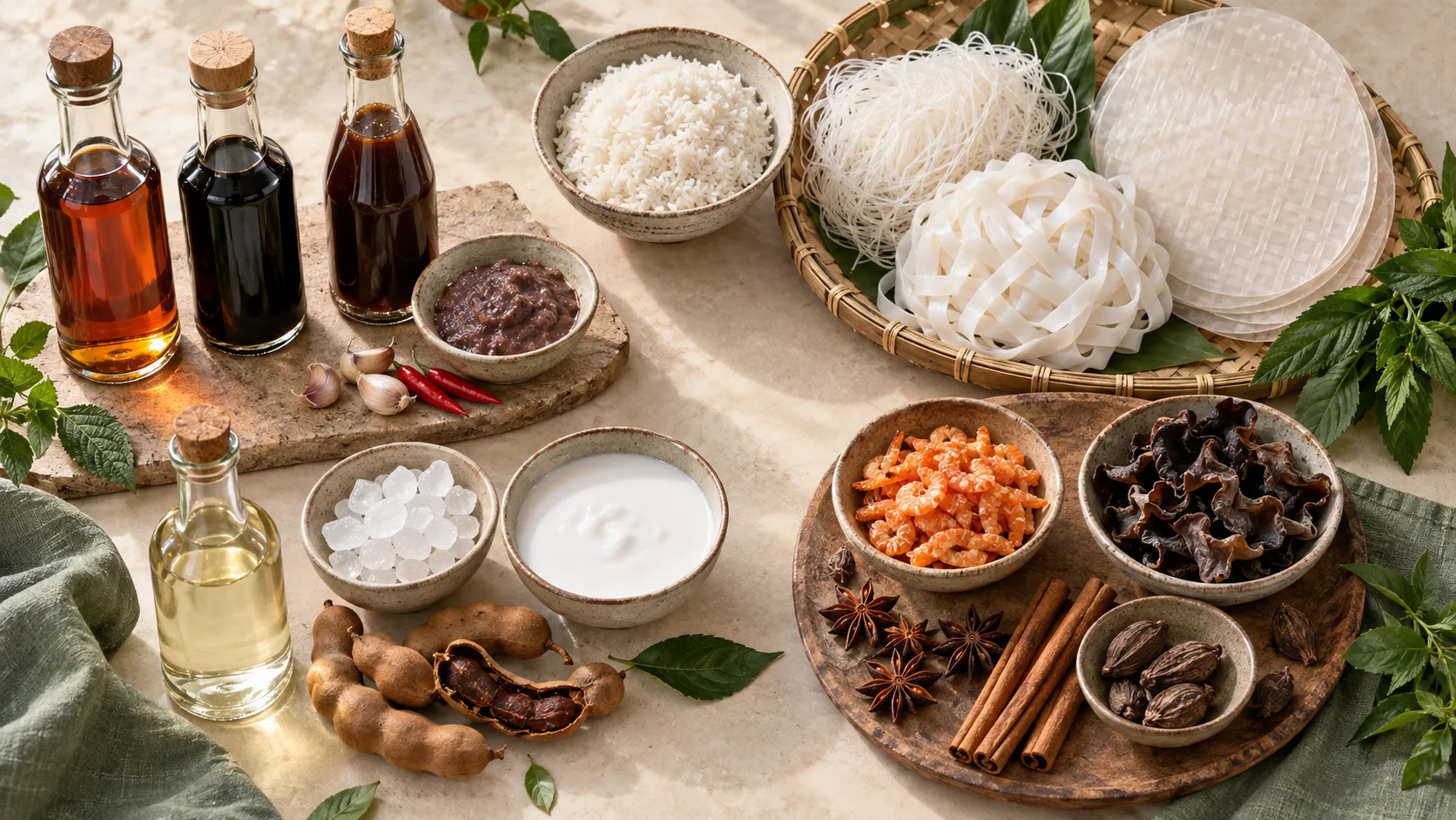 Vietnamese pantry ingredients grouped into sauces, rice and noodles, balancing ingredients, dried goods and spices.