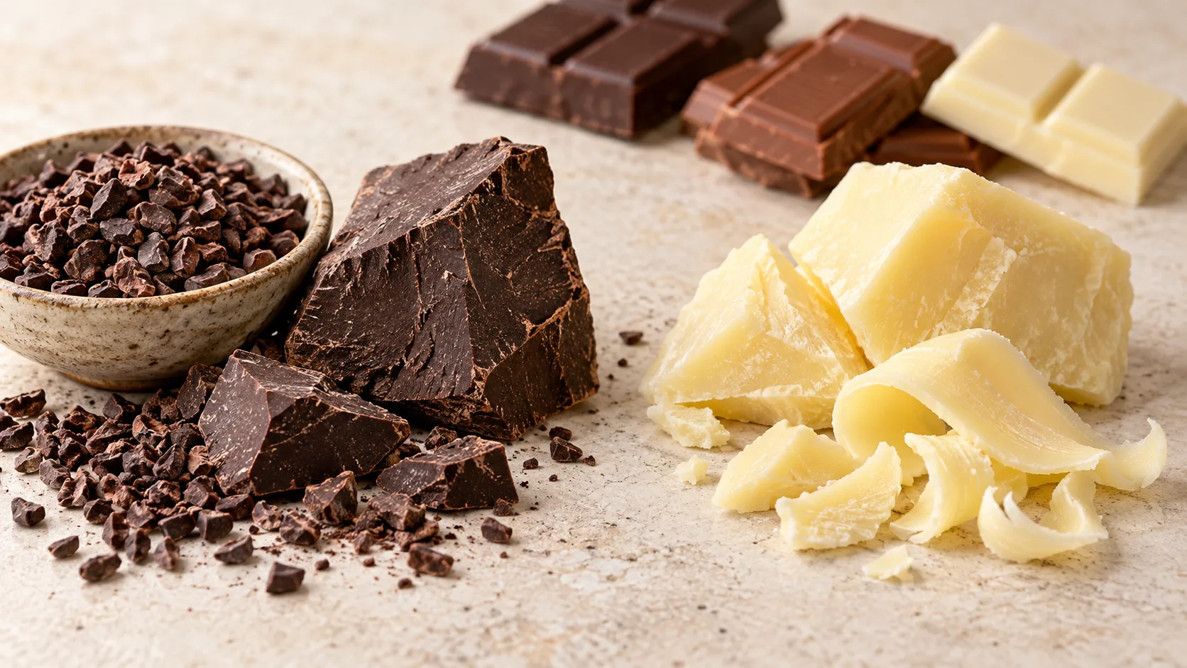 Cocoa solids màu nâu đậm và bơ cacao màu ngà minh họa hai thành phần khác nhau của hạt cacao