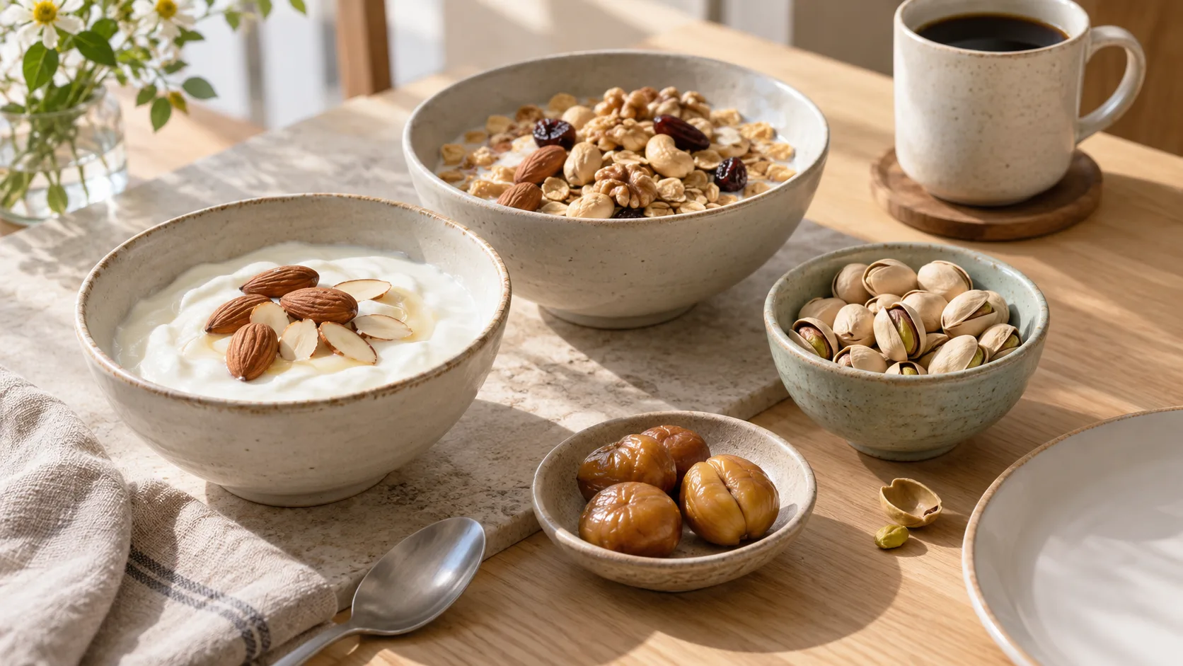 Hạnh nh&acirc;n, pistachio v&agrave; hạt dẻ được d&ugrave;ng c&ugrave;ng yogurt, cereal v&agrave; snack tr&ecirc;n b&agrave;n ăn s&aacute;ng