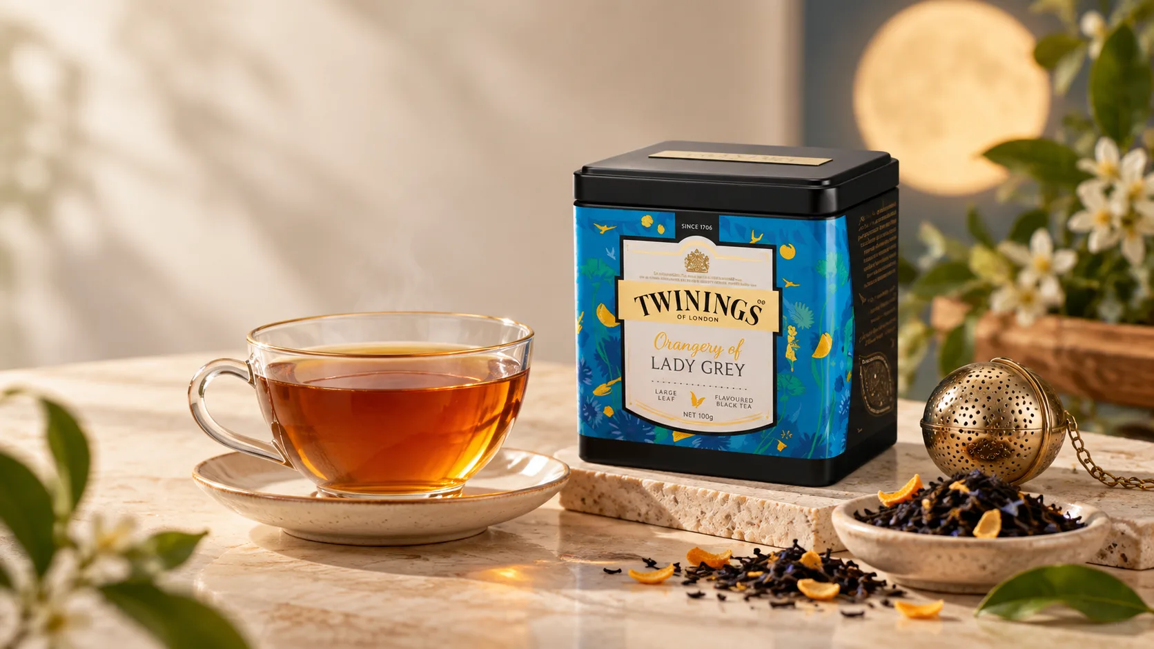 Tr&agrave; Twinings Orangery of Lady Grey dạng l&aacute; trong concept thưởng tr&agrave; cho set qu&agrave; Trung Thu
