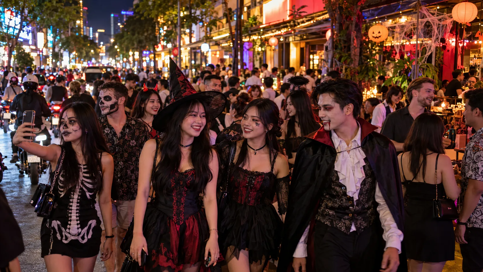 Young locals and international residents wearing Halloween costumes during a night out in central Ho Chi Minh City