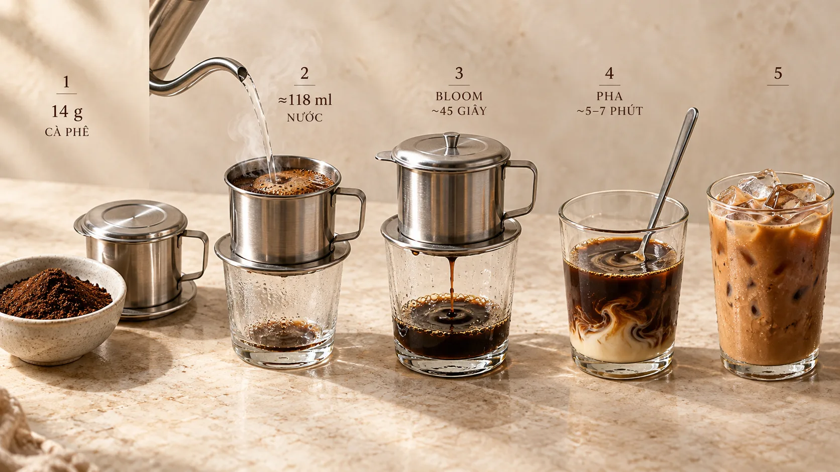 C&ocirc;ng thức c&agrave; ph&ecirc; sữa đ&aacute; với 14 g c&agrave; ph&ecirc;, khoảng 118 ml nước n&oacute;ng, phin, sữa đặc v&agrave; đ&aacute;