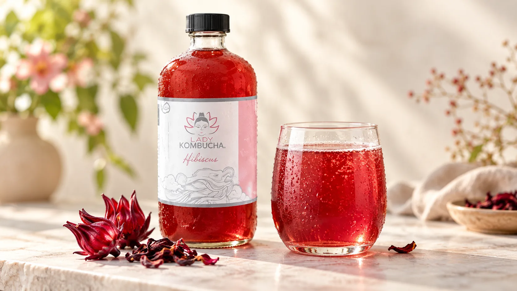 Lady Kombucha Hibiscus 500ml &ndash; tr&agrave; l&ecirc;n men từ tr&agrave; hữu cơ, hoa bụp giấm v&agrave; SCOBY