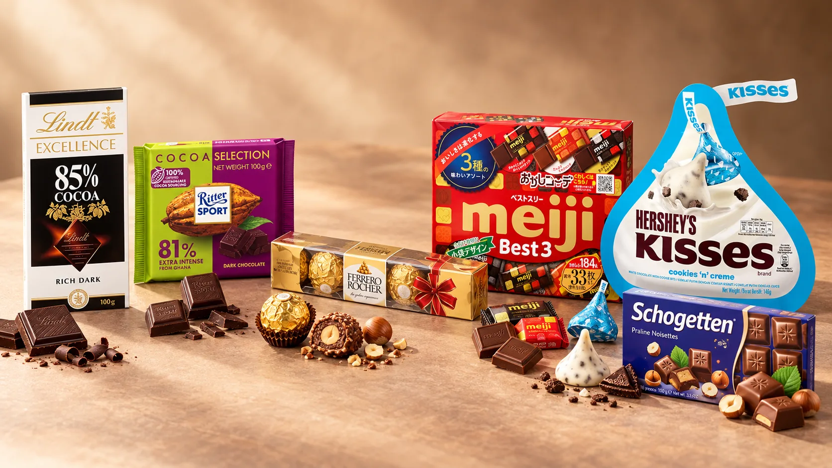 So sánh Lindt, Ritter Sport, Ferrero, Meiji, Hershey’s và Schogetten