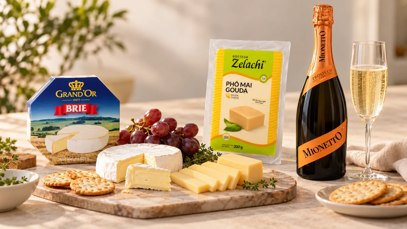 Phô mai Brie và Gouda cùng vang sủi trong phần đầu của mâm tiệc