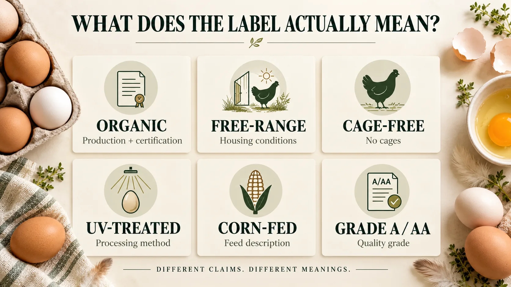 Bảng ph&acirc;n biệt organic, free-range, cage-free, xử l&yacute; UV, g&agrave; ăn ng&ocirc; v&agrave; Grade A tr&ecirc;n nh&atilde;n trứng