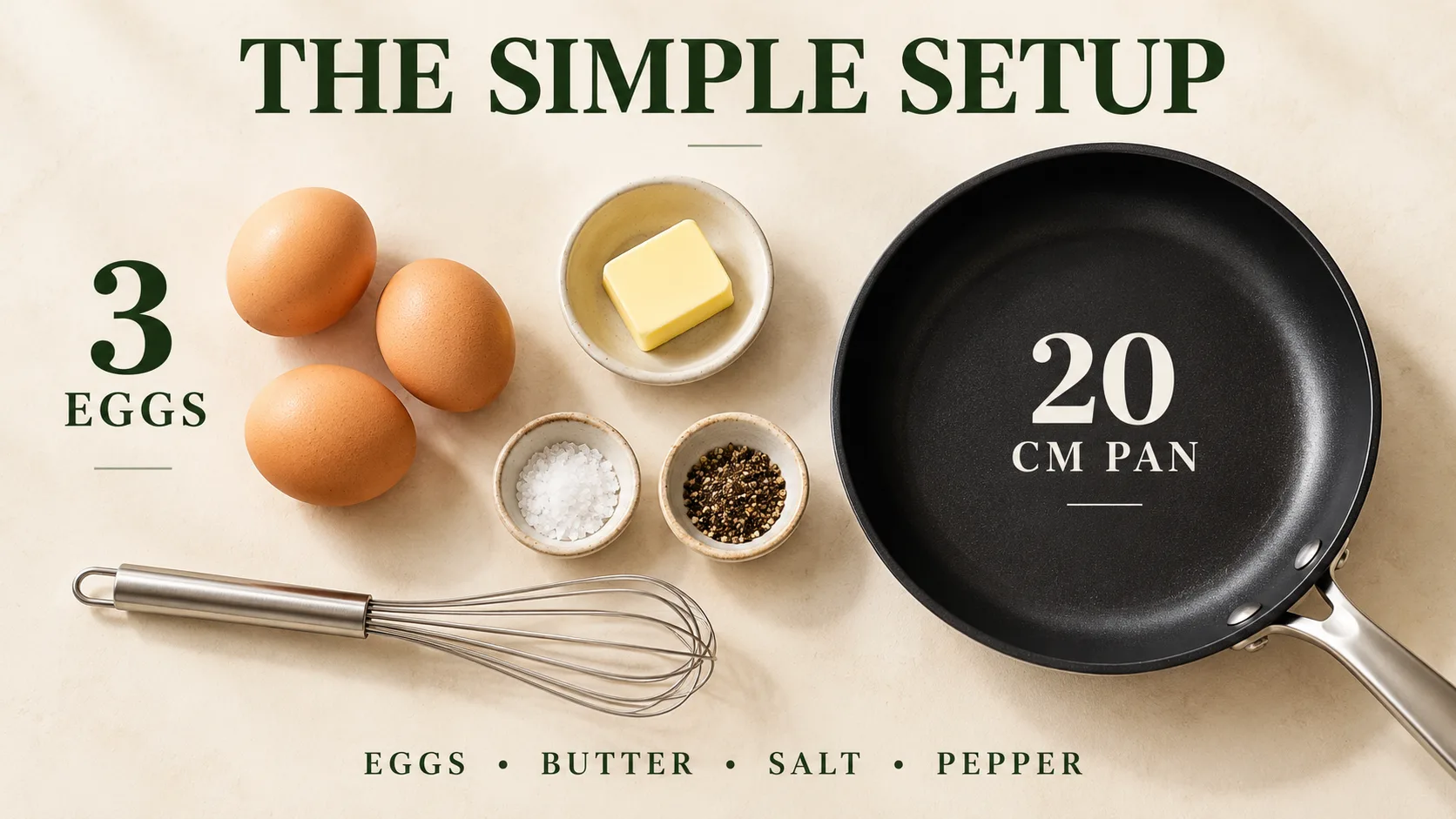 Ba quả trứng c&ugrave;ng bơ v&agrave; chảo chống d&iacute;nh khoảng 20 cm d&ugrave;ng để l&agrave;m omelette kiểu Ph&aacute;p