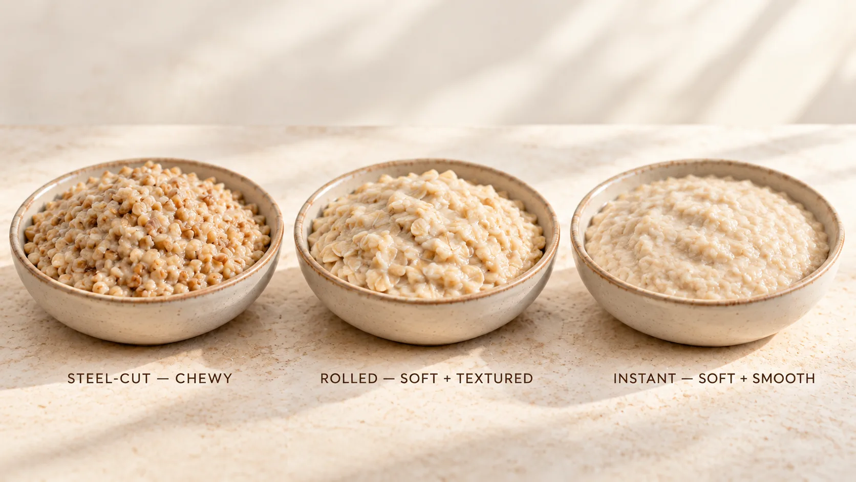 So sánh kết cấu cháo steel-cut oats rolled oats và instant oats sau khi nấu