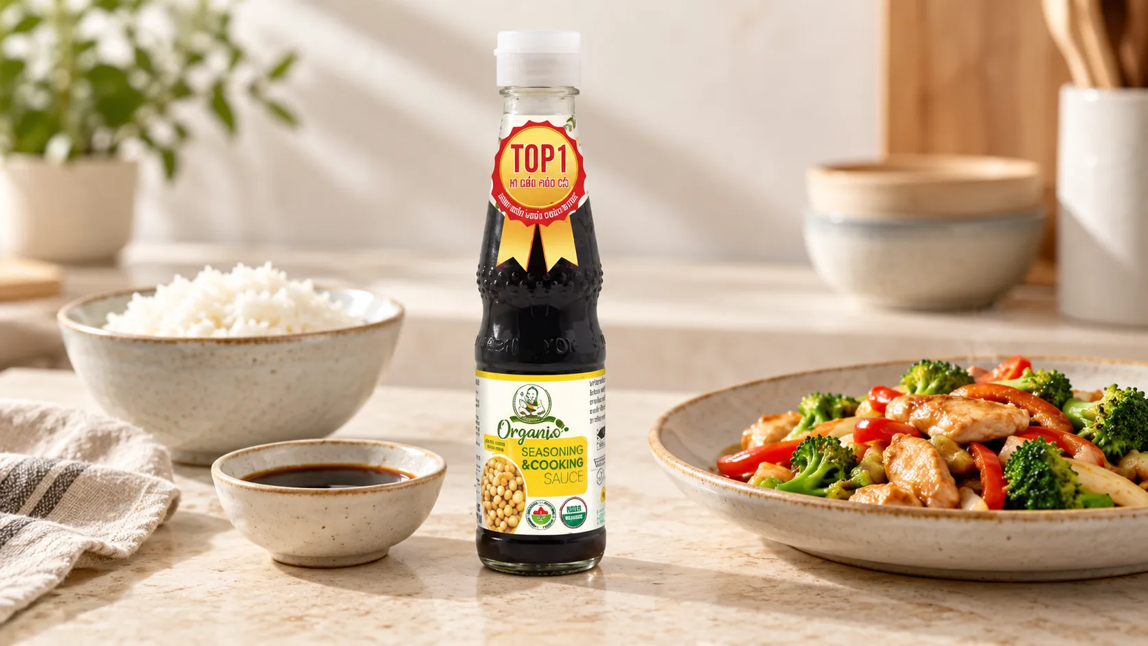 Healthy Boy Organic Seasoning Sauce bên cạnh cơm món xào và chén gia vị chấm