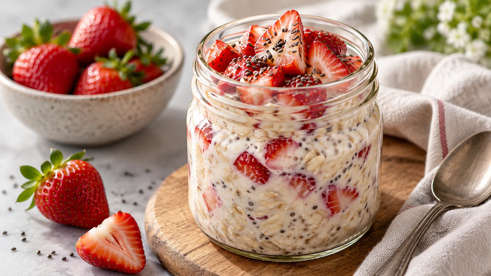 Hũ overnight oats dâu tây và sữa chua vani với yến mạch mềm, dâu đỏ cắt miếng và hạt chia