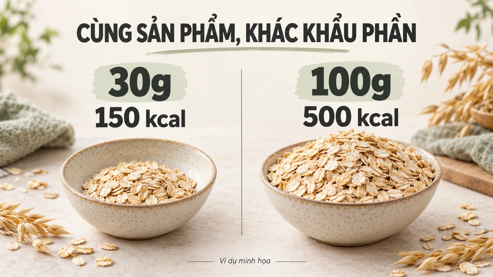 Ví dụ quy đổi năng lượng từ 150 kcal trên 30g thành 500 kcal trên 100g ngũ cốc