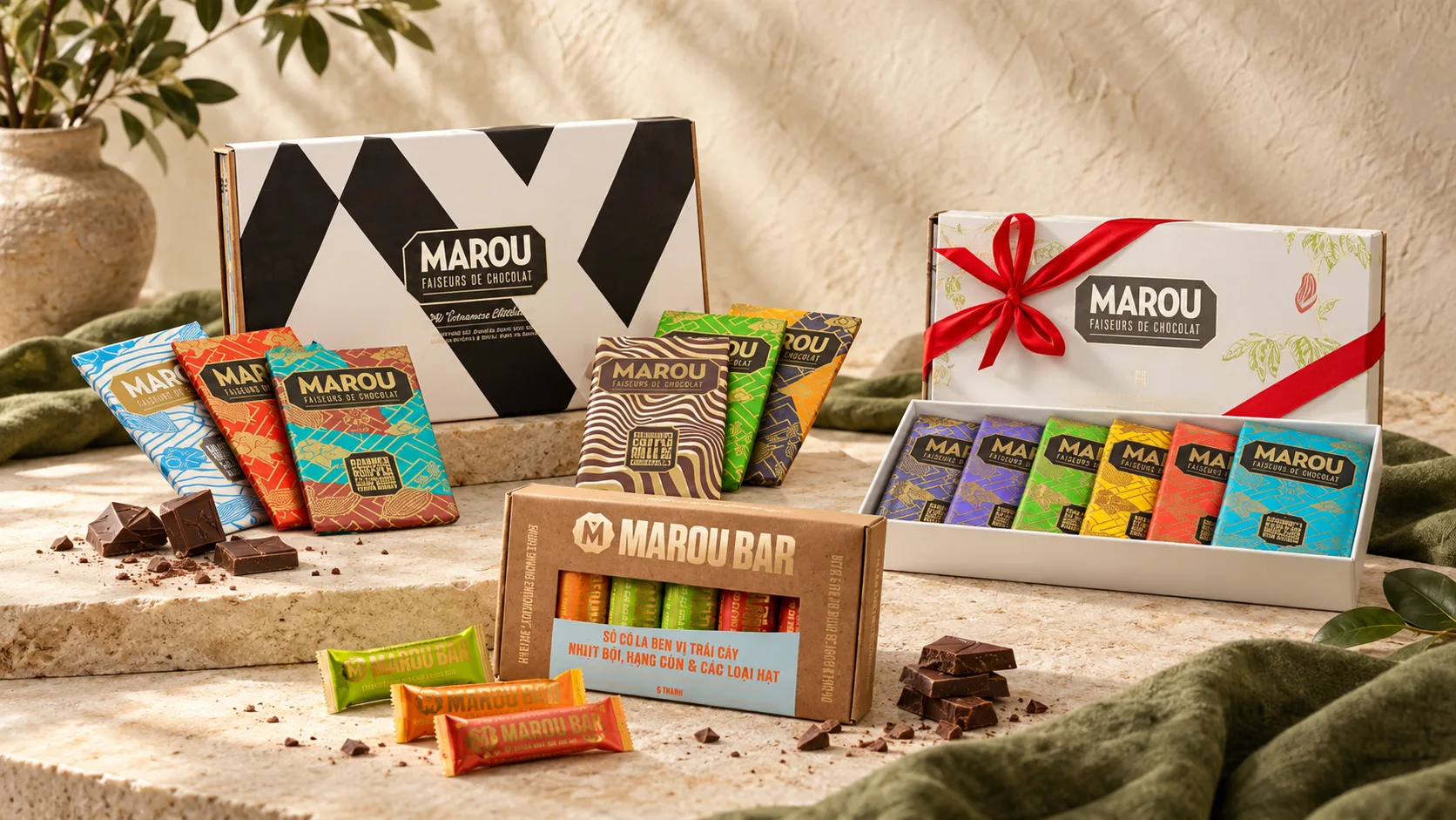 Ba hộp quà chocolate Marou Faiseurs Collection, Single Origin và Multi Flavour trưng bày cùng những miếng chocolate