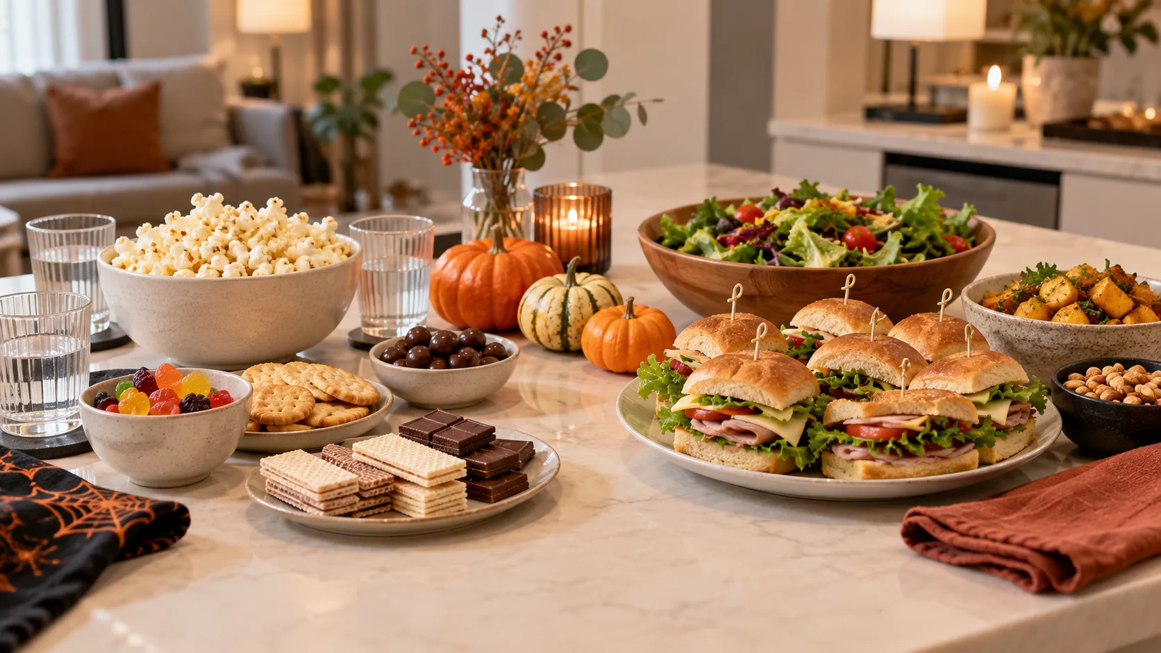 Comparison of a snack-only Halloween party spread and a Halloween gathering with more substantial food