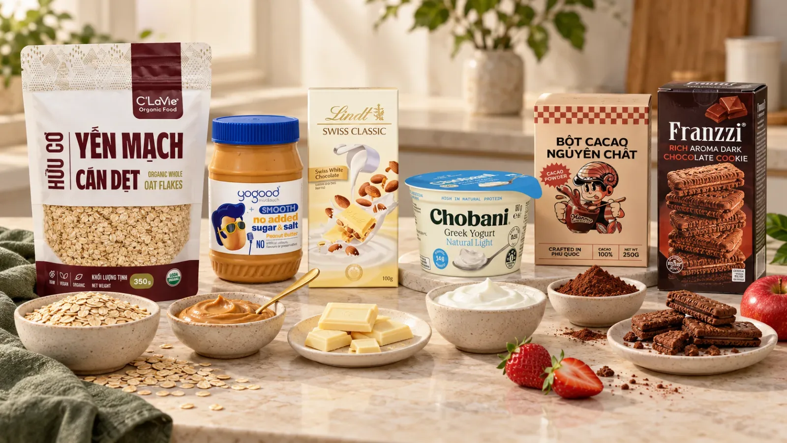 Imported grocery ingredients for no-bake Halloween recipes including rolled oats, peanut butter, white chocolate, Greek yogurt, cocoa powder and chocolate biscuits
