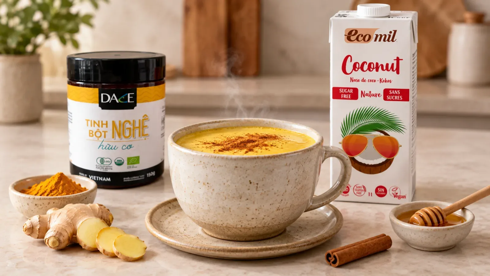 Sữa nghệ ấm Golden Milk pha từ sữa dừa, tinh bột nghệ, gừng v&agrave; quế, đặt cạnh sản phẩm tinh bột nghệ DACE v&agrave; sữa dừa Ecomil