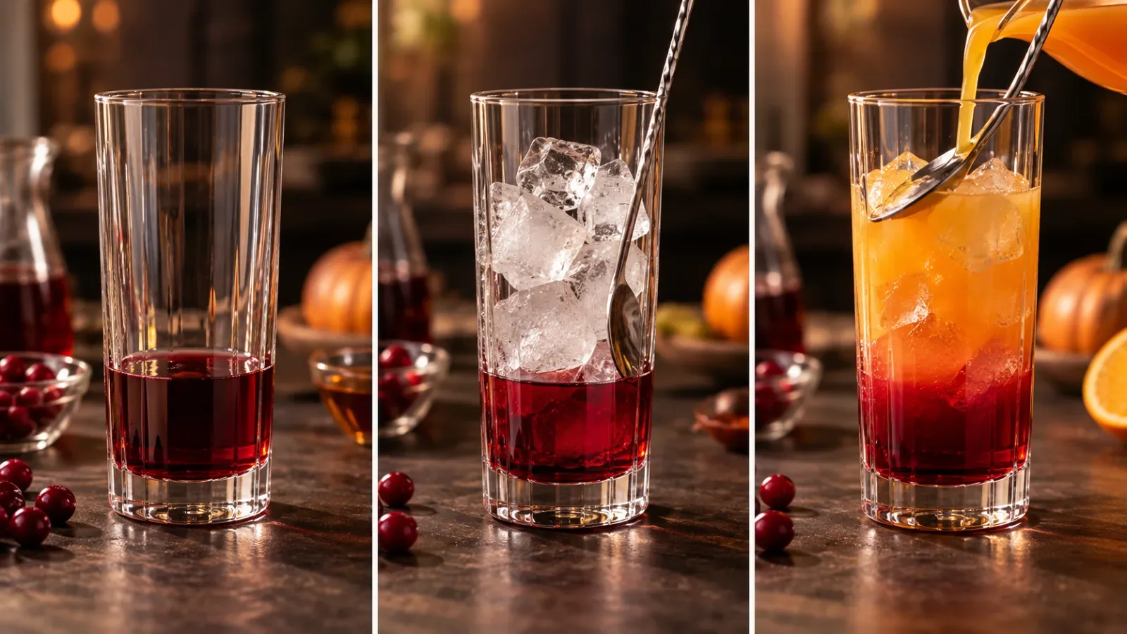 Ba bước ph&acirc;n tầng mocktail Halloween gồm r&oacute;t lớp nước &eacute;p đỏ, th&ecirc;m đ&aacute; vi&ecirc;n v&agrave; r&oacute;t nước &eacute;p cam qua lưng muỗng