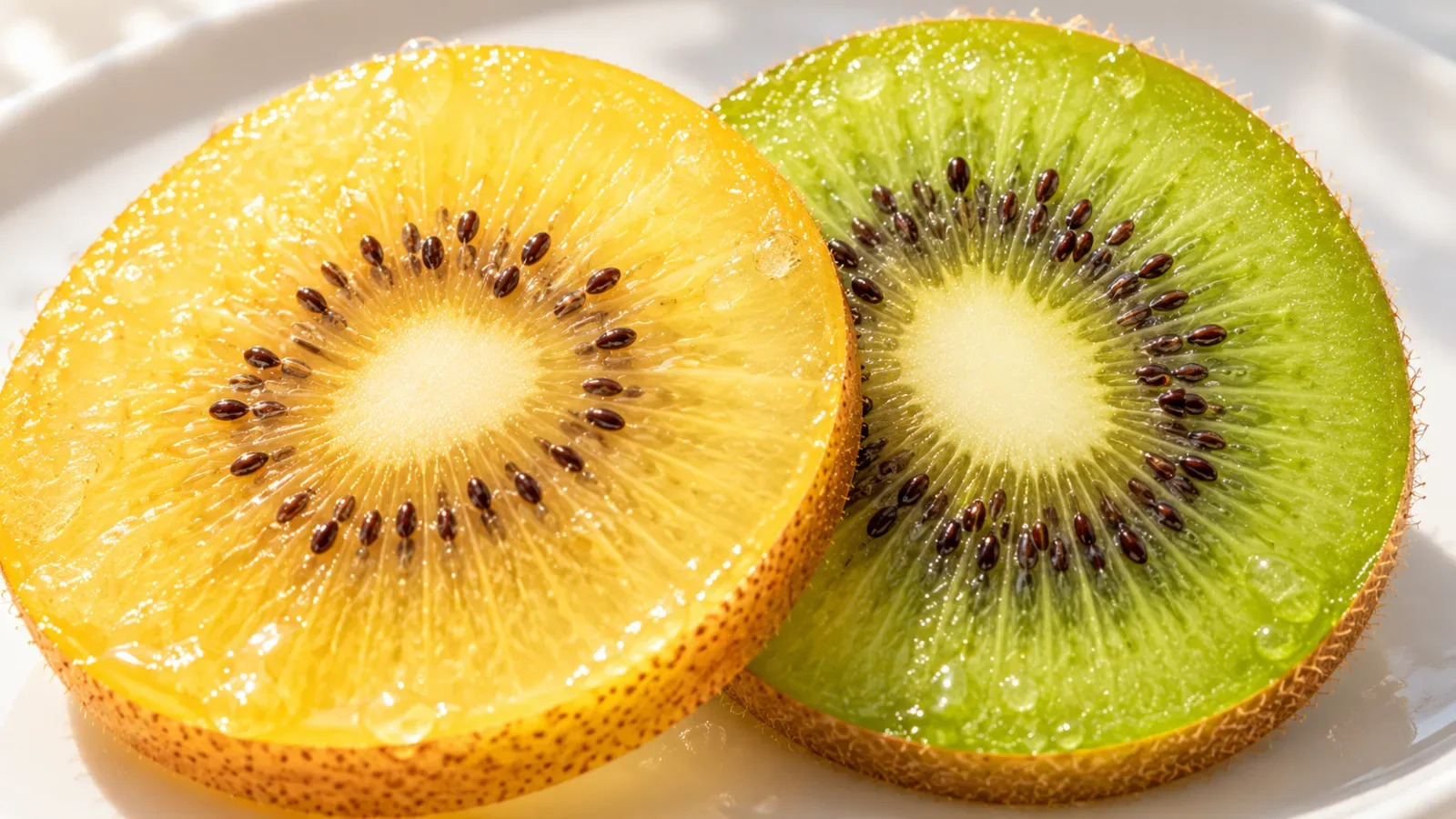 Cận cảnh cấu trúc thịt quả giàu chất xơ của kiwi xanh và giàu vitamin C của kiwi vàng