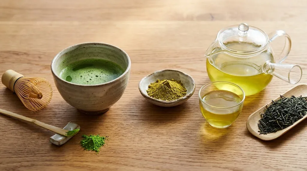 So sánh màu sắc và hình thái của bát trà matcha xanh ngọc lục bảo, đĩa bột trà xanh thông thường ngả vàng rêu và ấm trà xanh lá hãm Sencha nước vàng xanh trong trẻo