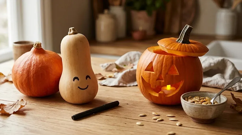 Vẽ mặt ma lên bí ngô bằng bút dạ đen an toàn cho bé và người ở một mình dịp Halloween