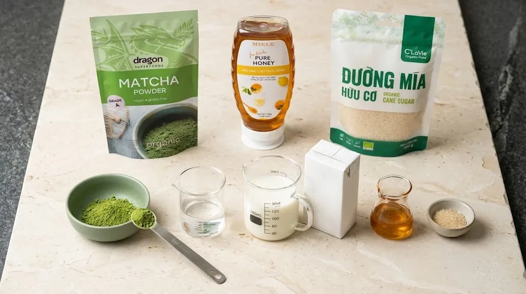 Định lượng chuẩn pha 1 ly matcha latte tại nhà gồm 3g bột matcha hữu cơ Dragon Superfoods, 35ml nước ấm, 140ml sữa, mật ong Miele và đường mía hữu cơ C'LaVie
