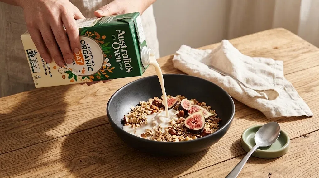 Rót Sữa Yến Mạch Hữu Cơ Không Thêm Đường Australia's Own 1L vào bát ngũ cốc granola và trái sung tươi buổi sáng