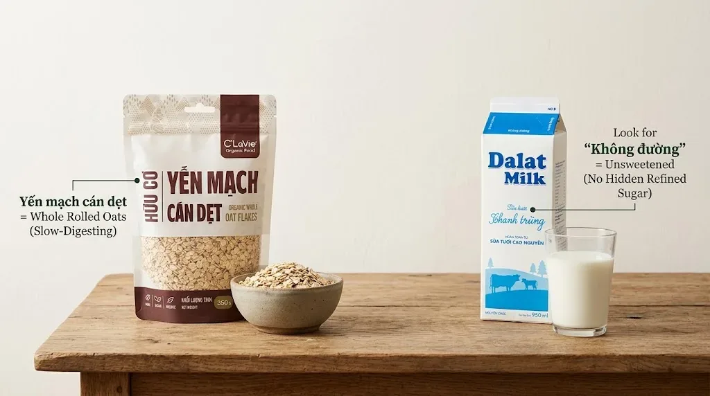 Vietnamese packaging label guide showing Yến mạch c&aacute;n dẹt whole rolled oats and Kh&ocirc;ng đường unsweetened fresh milk.&nbsp;