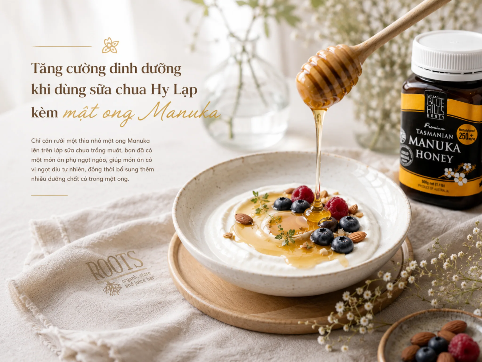 Tăng cường dinh dưỡng khi dùng sữa chua Hy Lạp kèm mật ong Manuka