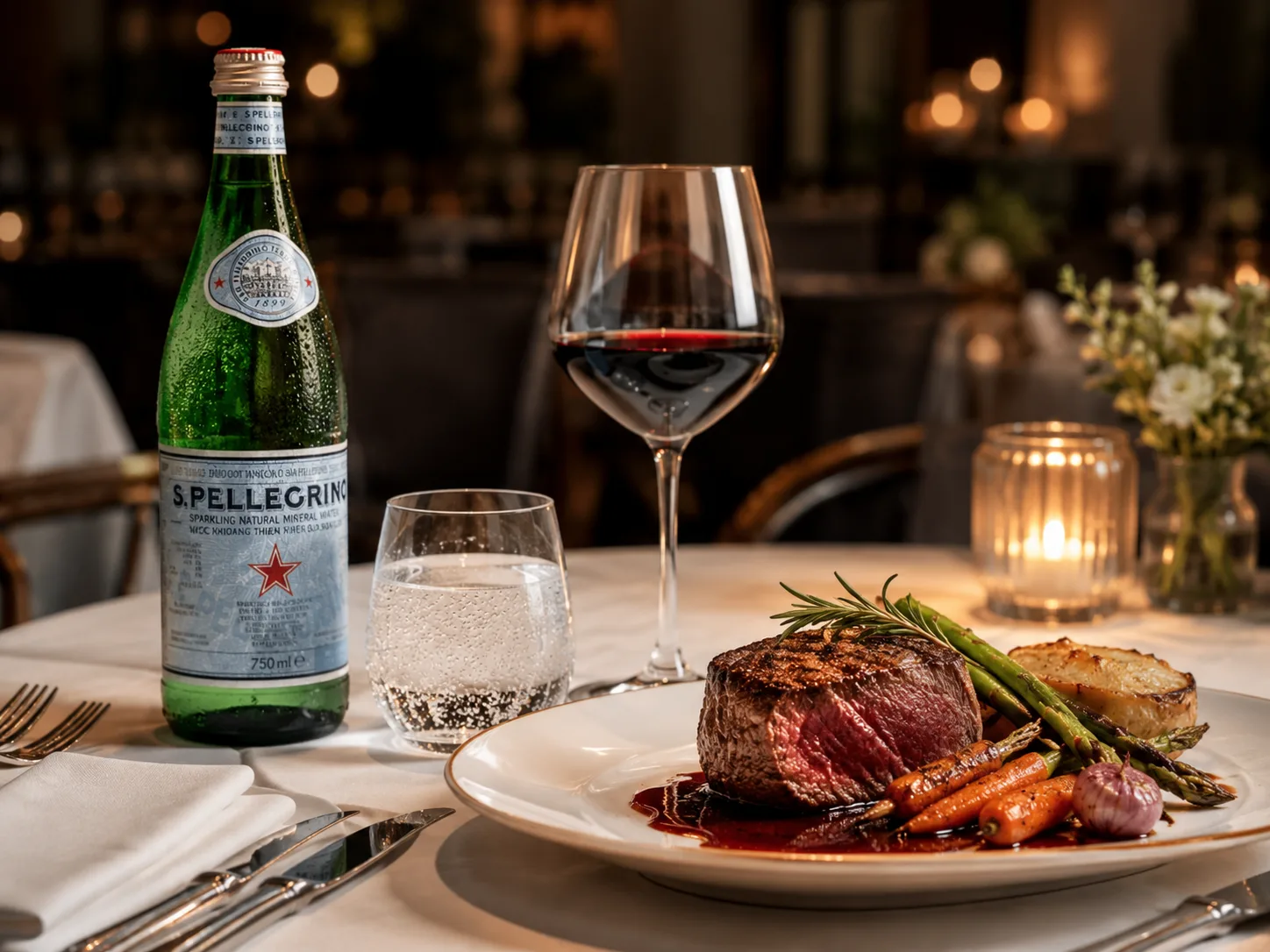Thưởng thức nước khoáng có ga San Pellegrino cùng món thịt đỏ trong bữa tiệc fine dining.