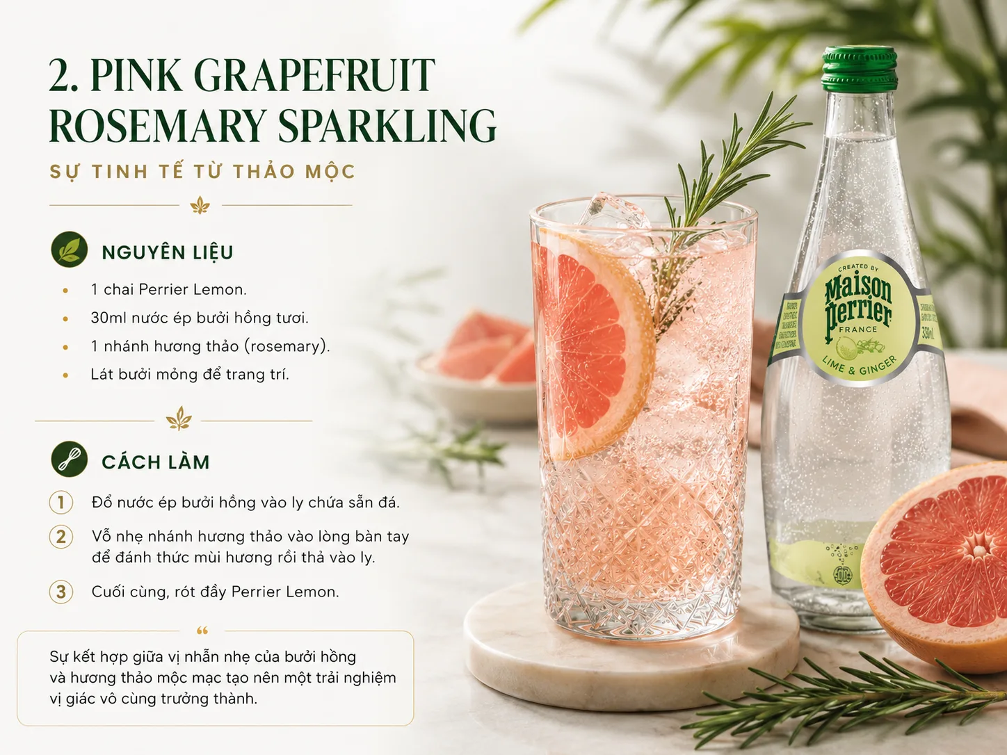 Công thức pha chế Pink Grapefruit Rosemary với nước khoáng Perrier Lemon