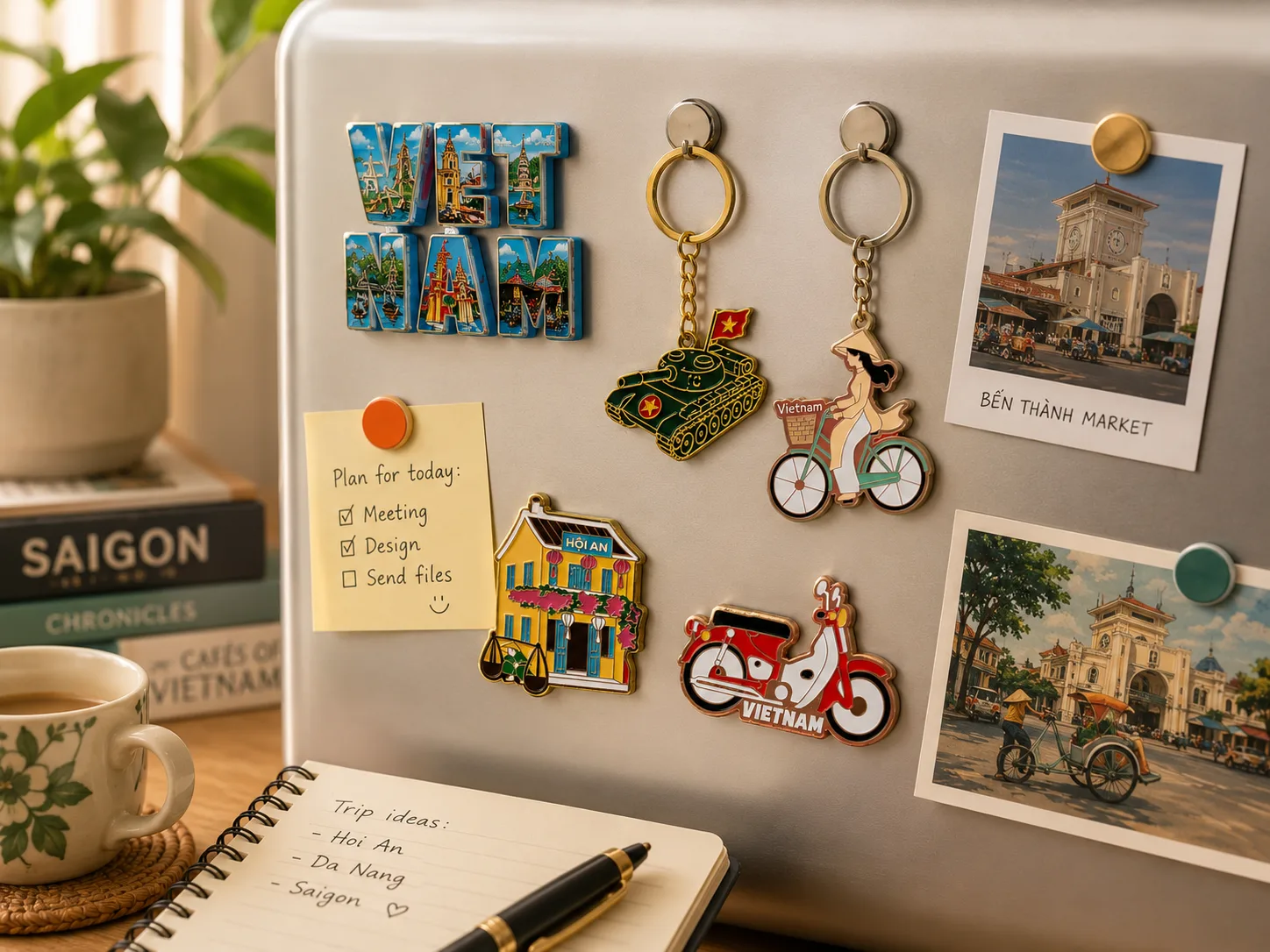 A laptop lid adorned with Vietnamese souvenir magnets and keychains.