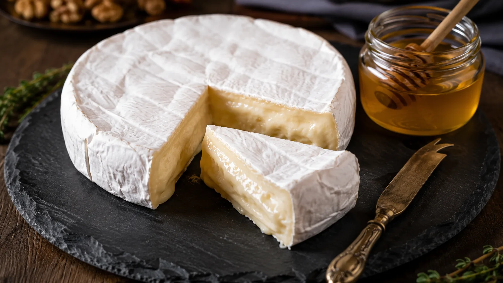 Lớp vỏ trắng đặc trưng và kết cấu mềm mịn bên trong của phô mai Brie nhập khẩu