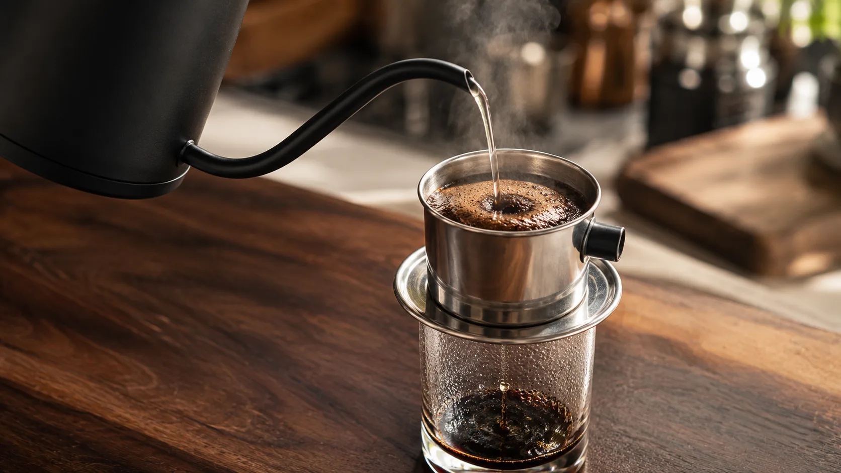 Pouring 90-degree hot water from a gooseneck kettle to bloom Robusta coffee in a traditional metal Phin filter