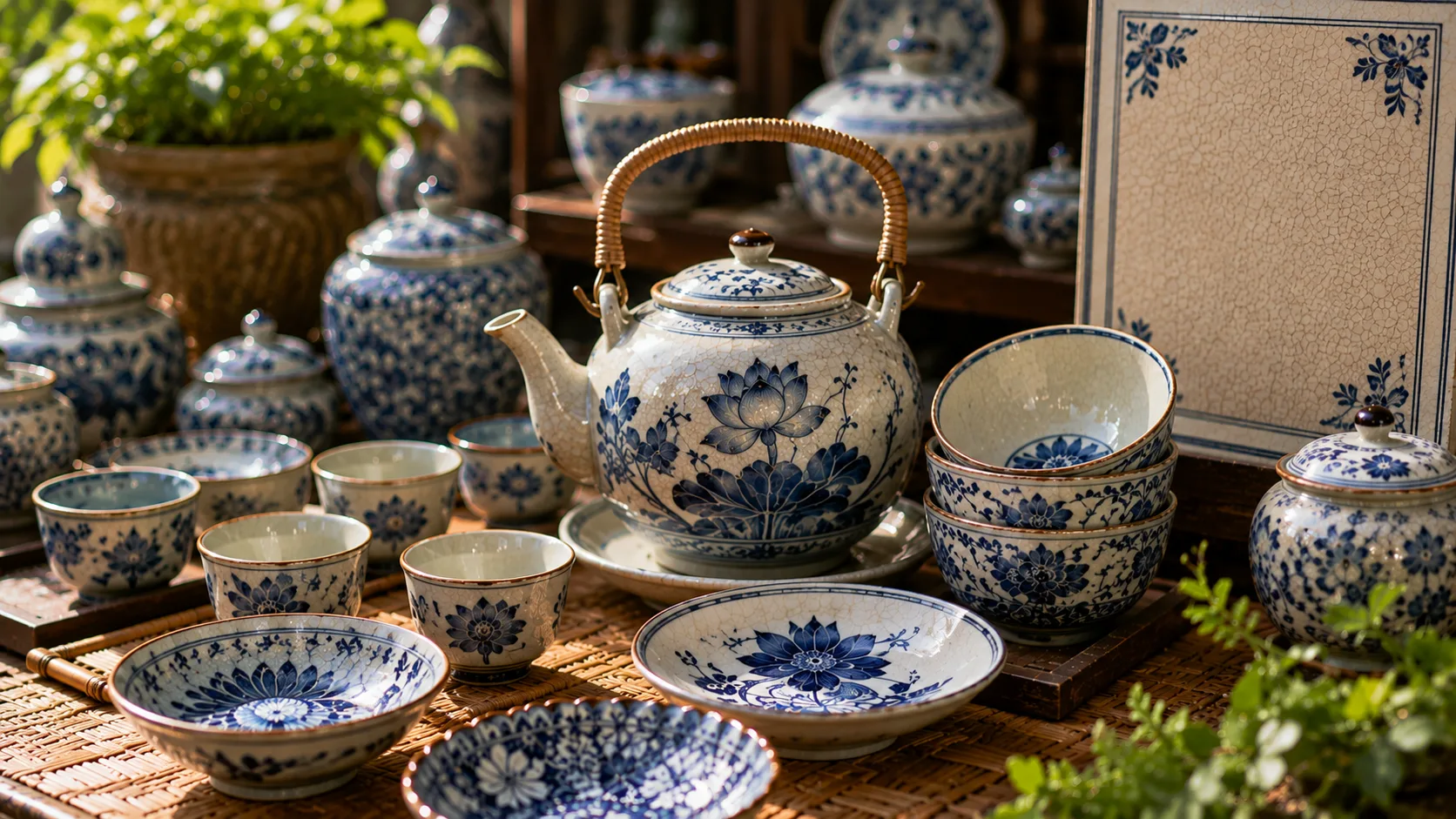 Hand-painted Bat Trang ceramic bowls and teapots, traditional artisanal souvenirs from Hanoi, Vietnam
