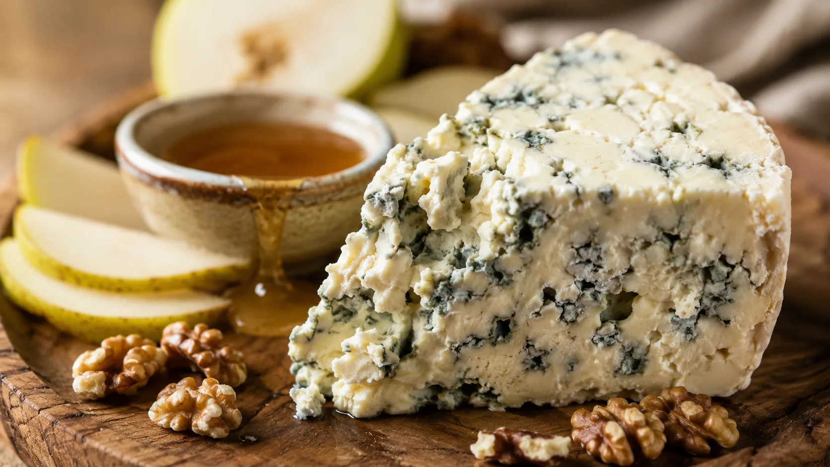 Phô mai xanh Bleu d'Auvergne Pháp với vân mốc ăn kèm mật ong và hạt óc chó