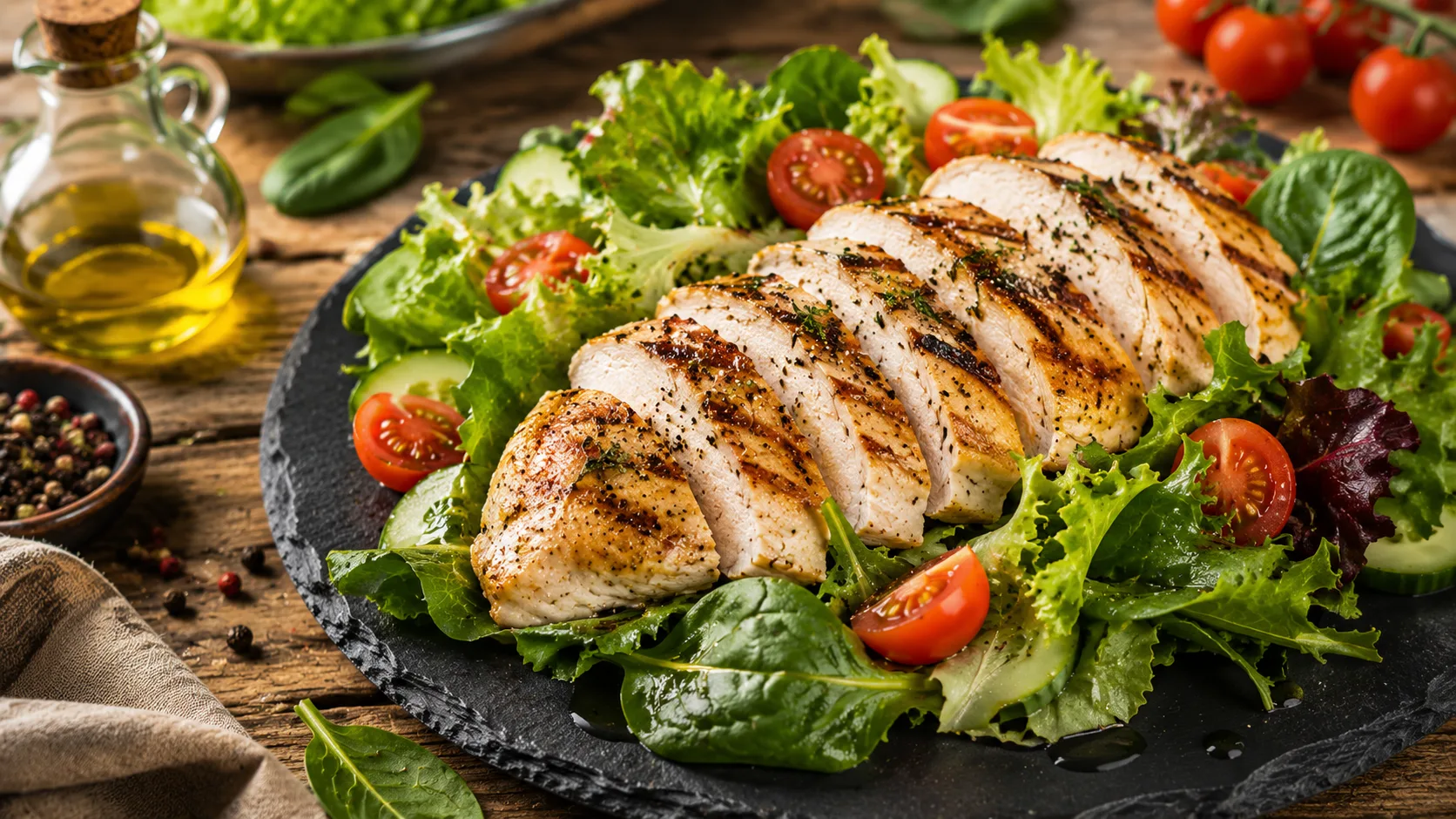 Salad ức g&agrave; dầu oliu kết hợp rau hữu cơ gi&ograve;n ngọt cho thực đơn eat clean giảm c&acirc;n