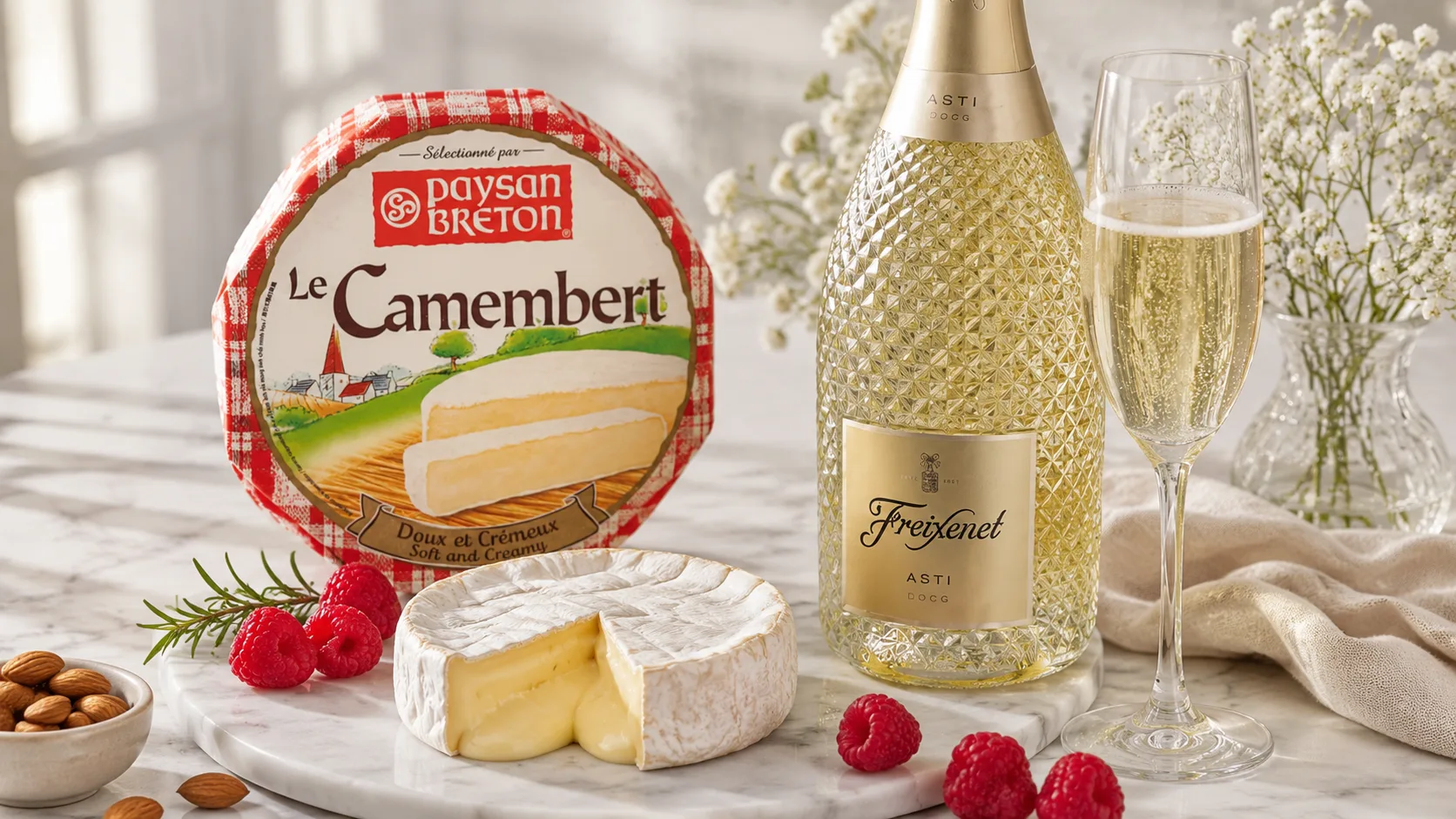 Ph&ocirc; mai mềm Brie kết hợp c&ugrave;ng rượu vang sủi bọt sparkling wine