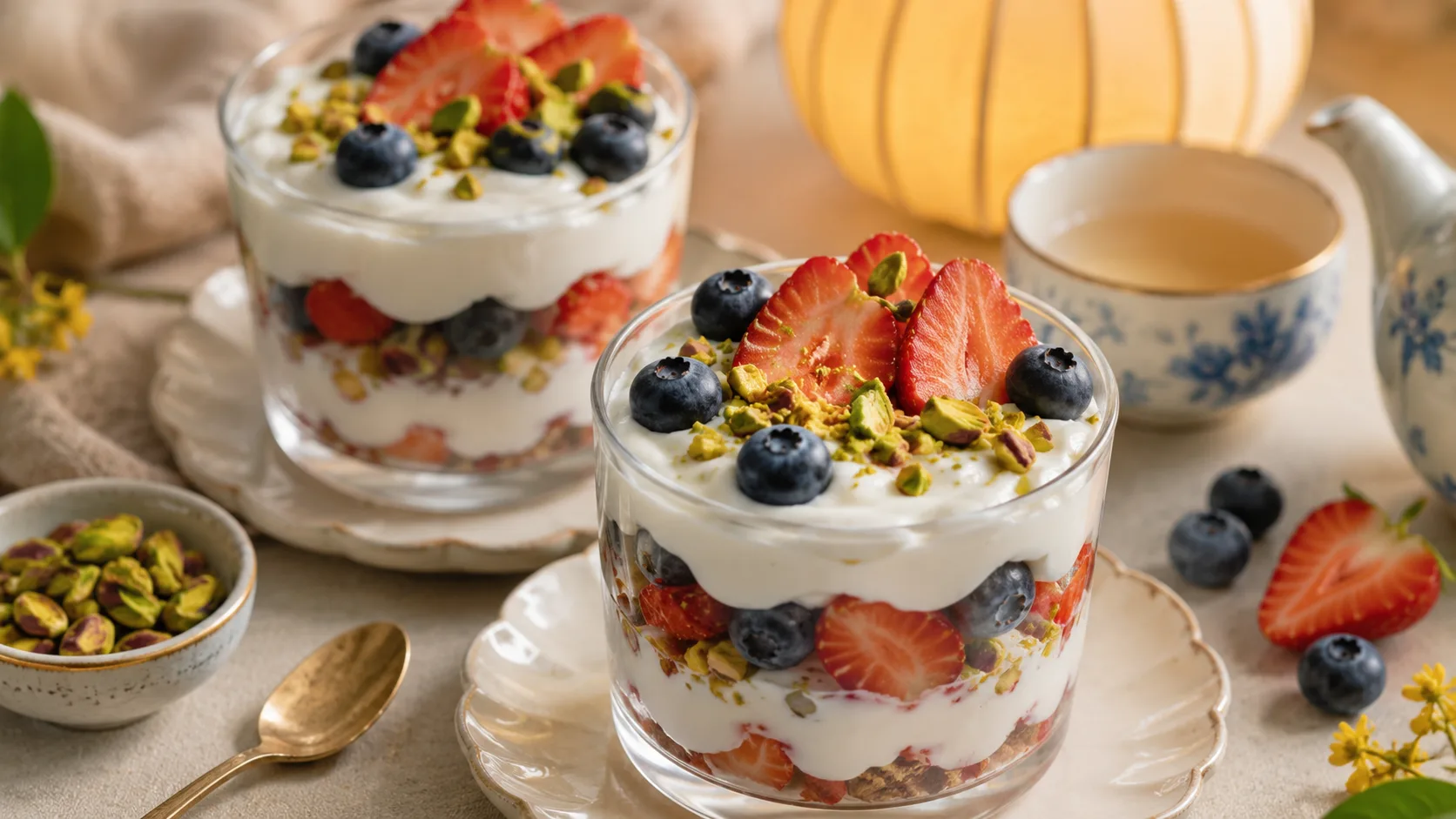 Greek yogurt parfait với việt quất v&agrave; hạt cho m&acirc;m cỗ Trung Thu