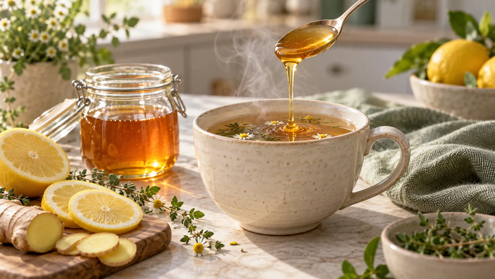 Mật ong pha cùng trà ấm giúp làm dịu ho và cổ họng