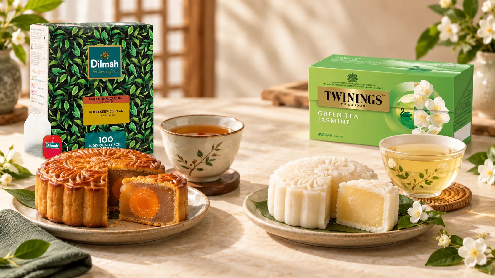 Oolong and jasmine green tea paired with rich and light mooncakes