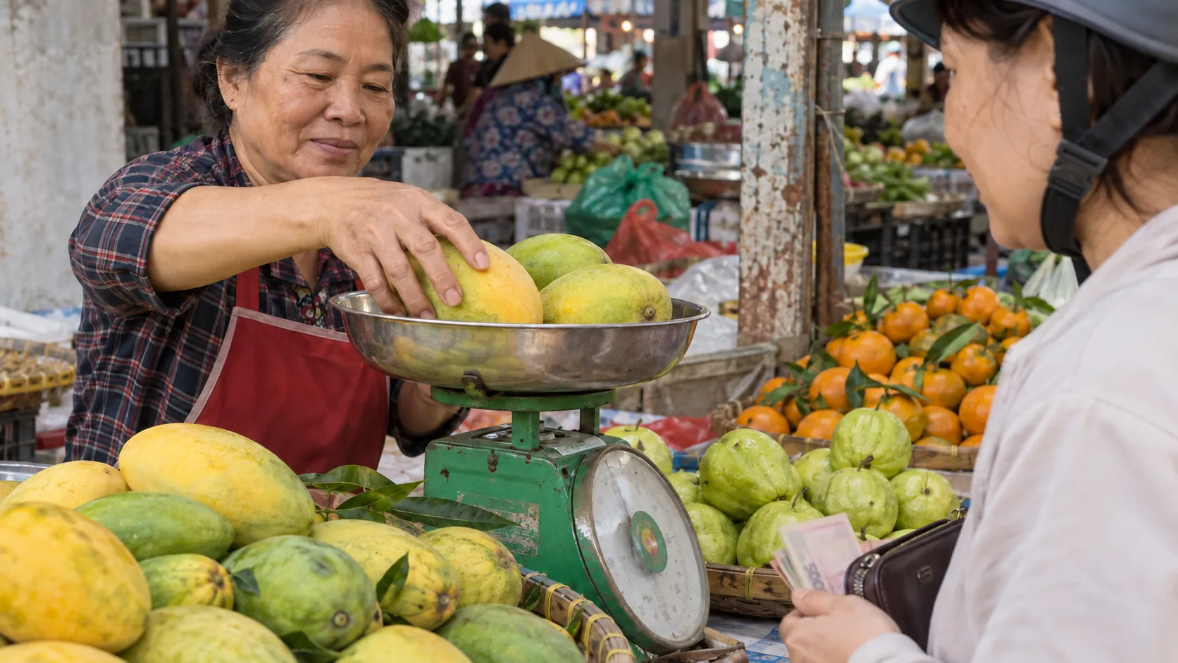 Fresh fruit being weighed on a scale at a Vietnamese market