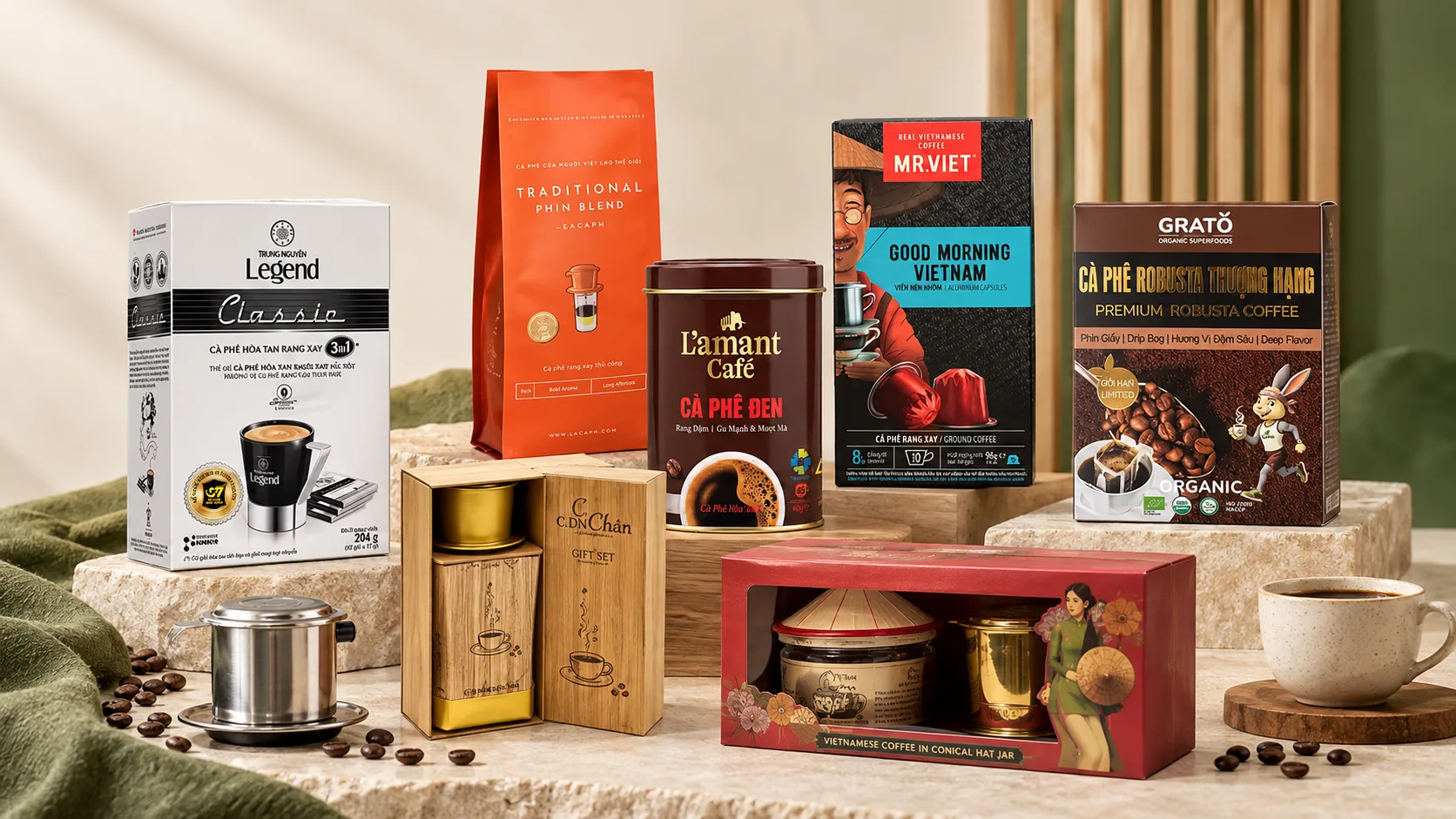 Bảy thương hiệu cà phê rang xay Việt Nam gồm Trung Nguyên LACAPH L’AMANT MR. VIET GRATO Cocoa Indochine và Nam Xanh