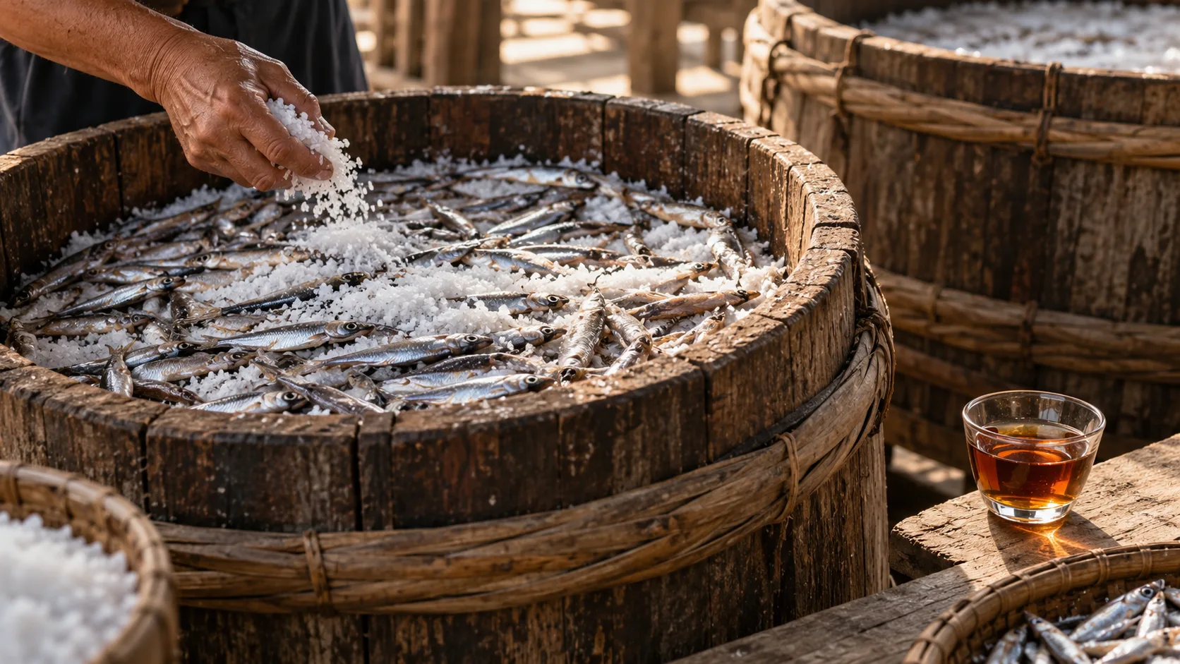 Anchovies and sea salt fermenting in traditional wooden barrels to make Vietnamese fish sauce