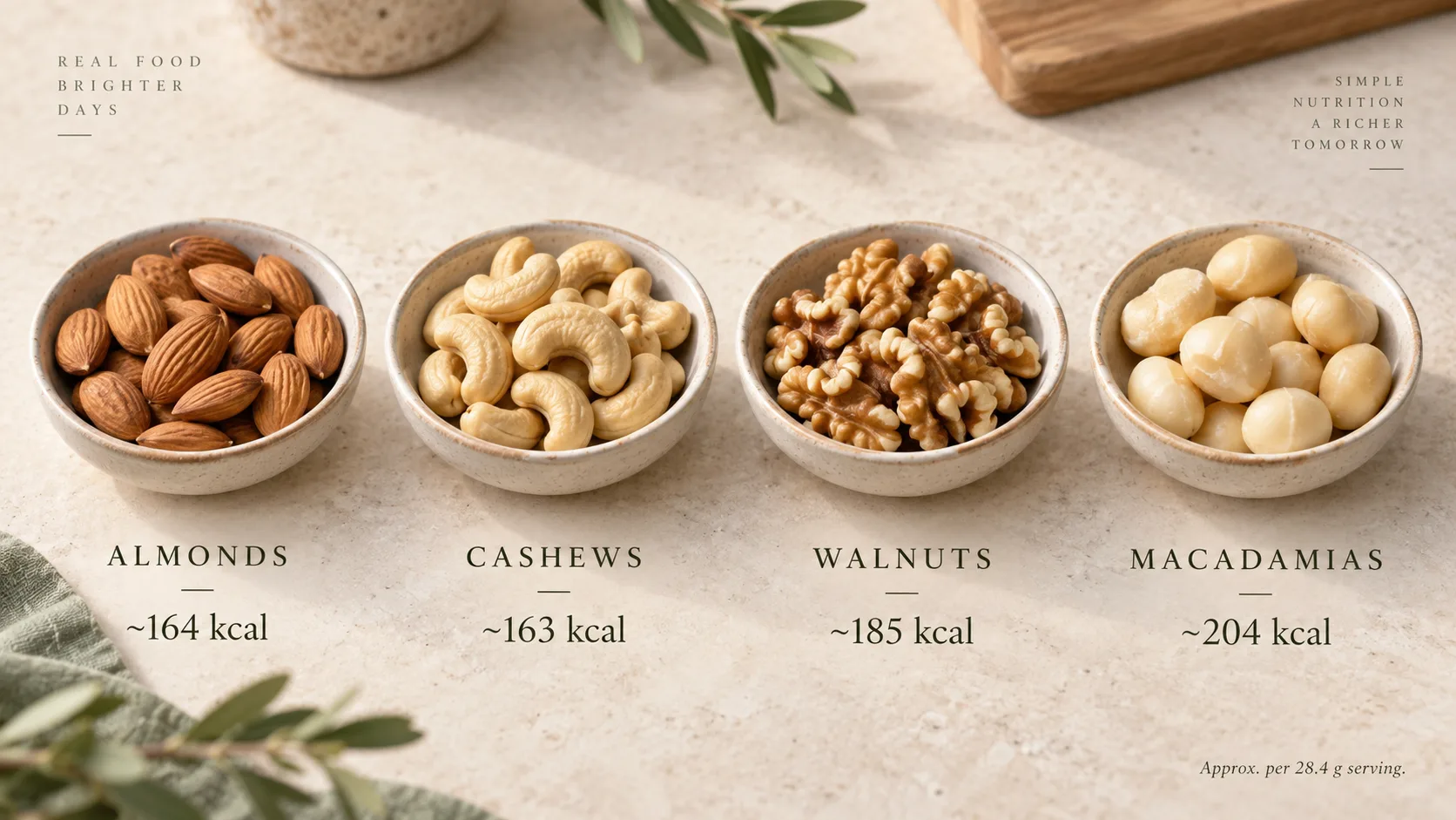 Calories tham khảo của 28 g hạnh nhân, hạt điều, óc chó và mắc ca