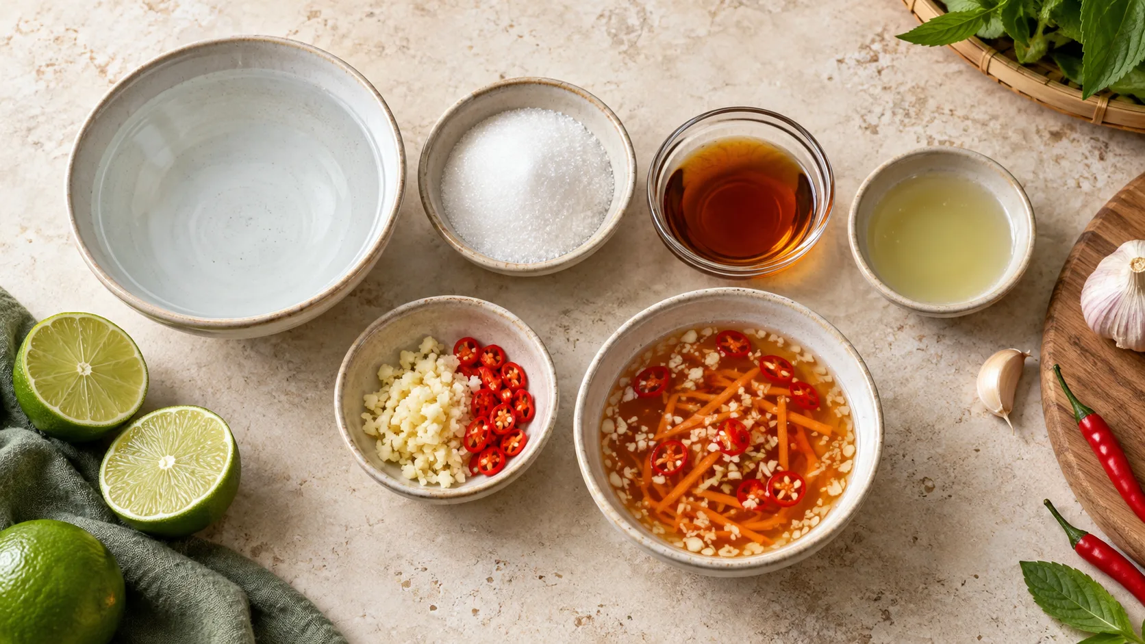 Ingredients for nuoc cham including fish sauce, water, sugar, lime, garlic and chili