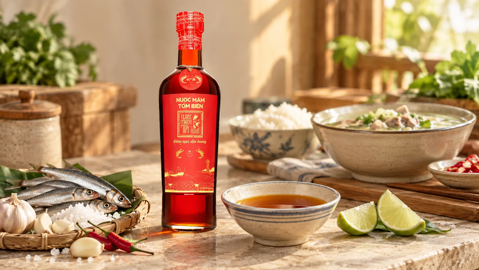 Vietnamese fish sauce with anchovies, sea salt, garlic, chili and lime used as a foundational seasoning.
