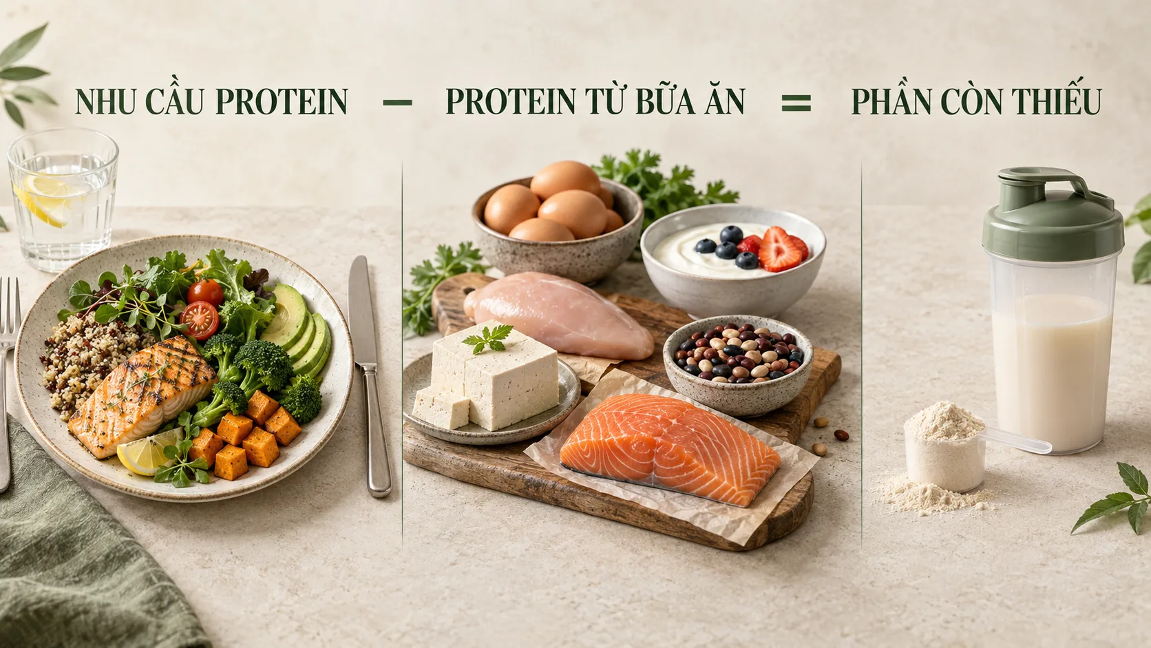 C&ocirc;ng thức protein gap: nhu cầu protein trừ lượng protein từ bữa ăn để x&aacute;c định phần c&ograve;n thiếu