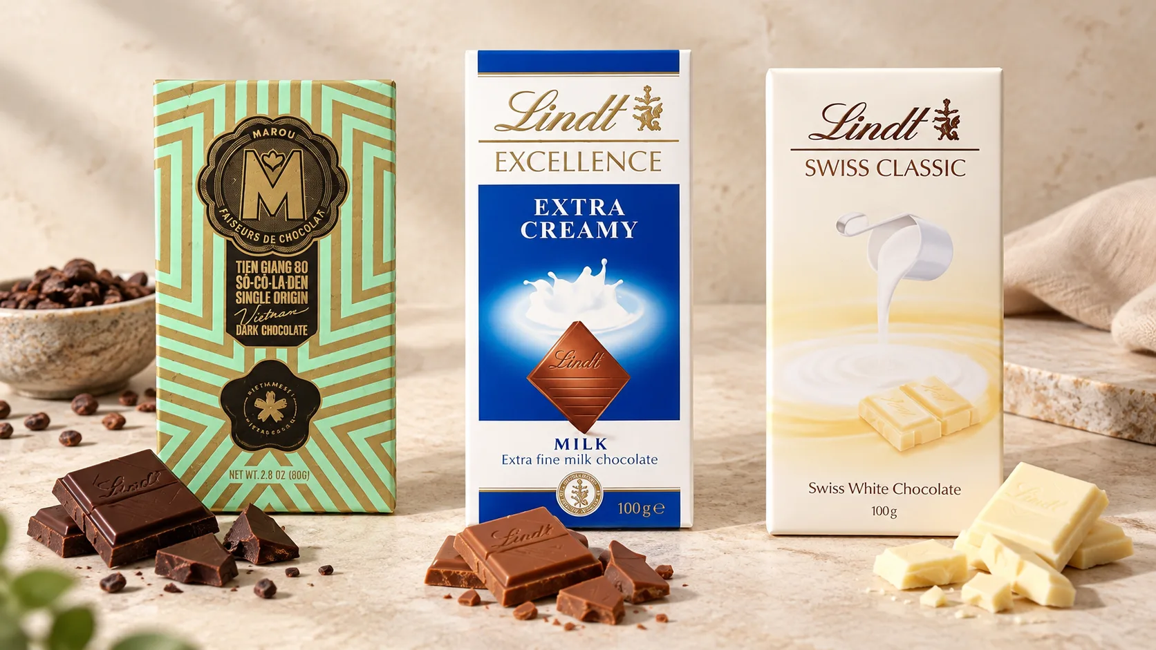 Ba sản phẩm đại diện gồm MAROU dark chocolate, LINDT milk chocolate và LINDT white chocolate
