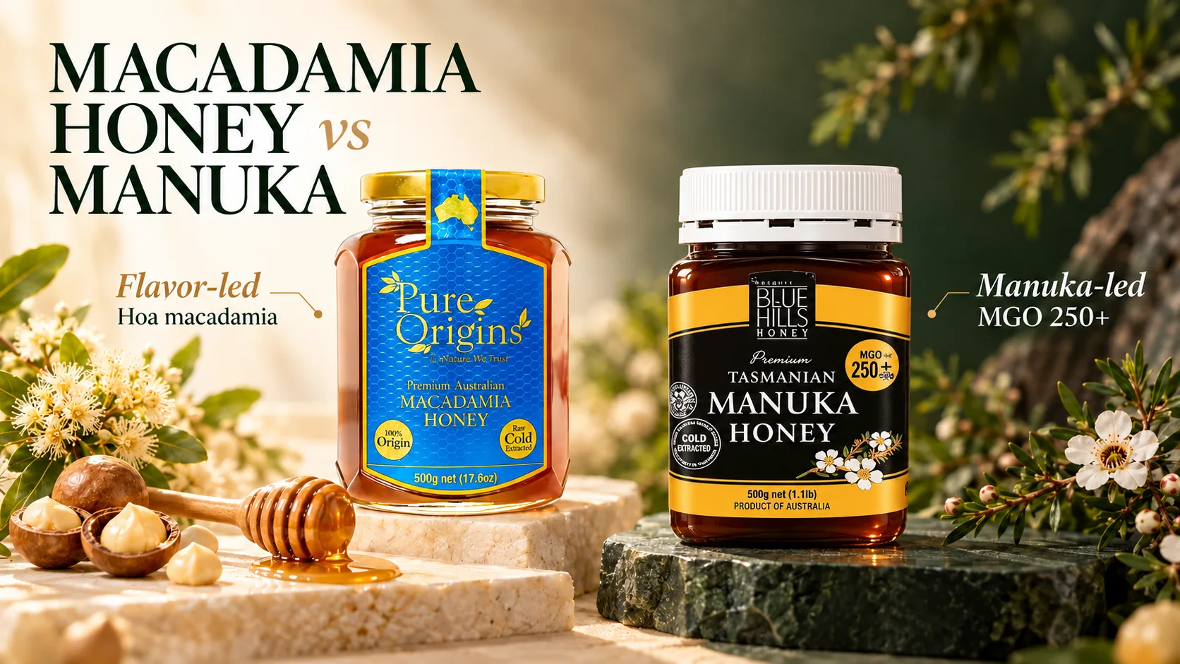 So s&aacute;nh Pure Origins Macadamia Honey v&agrave; Blue Hills Manuka MGO 250+ khi chọn mật ong cho set qu&agrave;